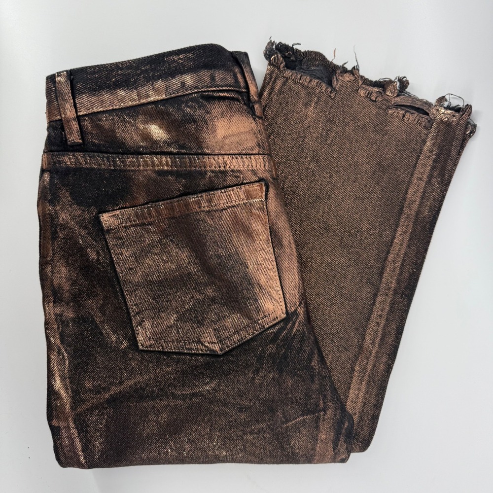 We The Free People Maggie Coated Straight Leg Crop Jeans Size 24 Metallic Bronze